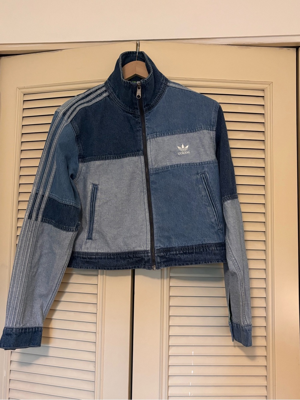 Adidas Kseniaschnaider Women's Patchwork Denim Jean Track Jacket Blue Zip Small